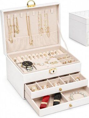 Jewelry Boxes for Women Girl Large PU Leather Jewelry Organizer Box with Lock Je